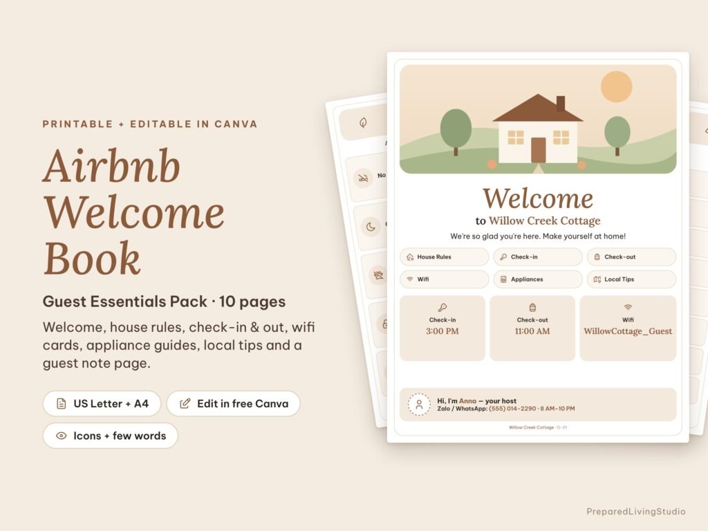 Airbnb Welcome Book Template | Editable Canva Guest Manual