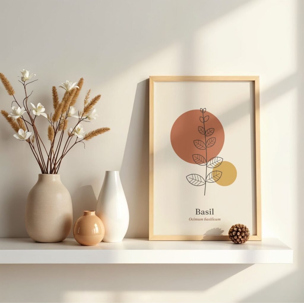 Basil Herb Print, Terracotta Kitchen Wall Art, Botanical Line Art Poster, Gift for Cooks