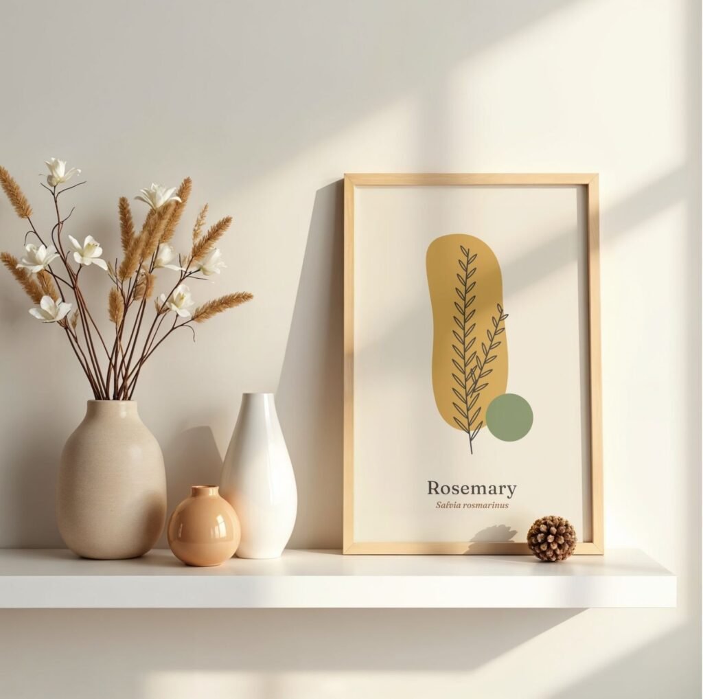 Rosemary Herb Print, Mustard Kitchen Wall Art, Botanical Line Art Poster, Gift for Cooks