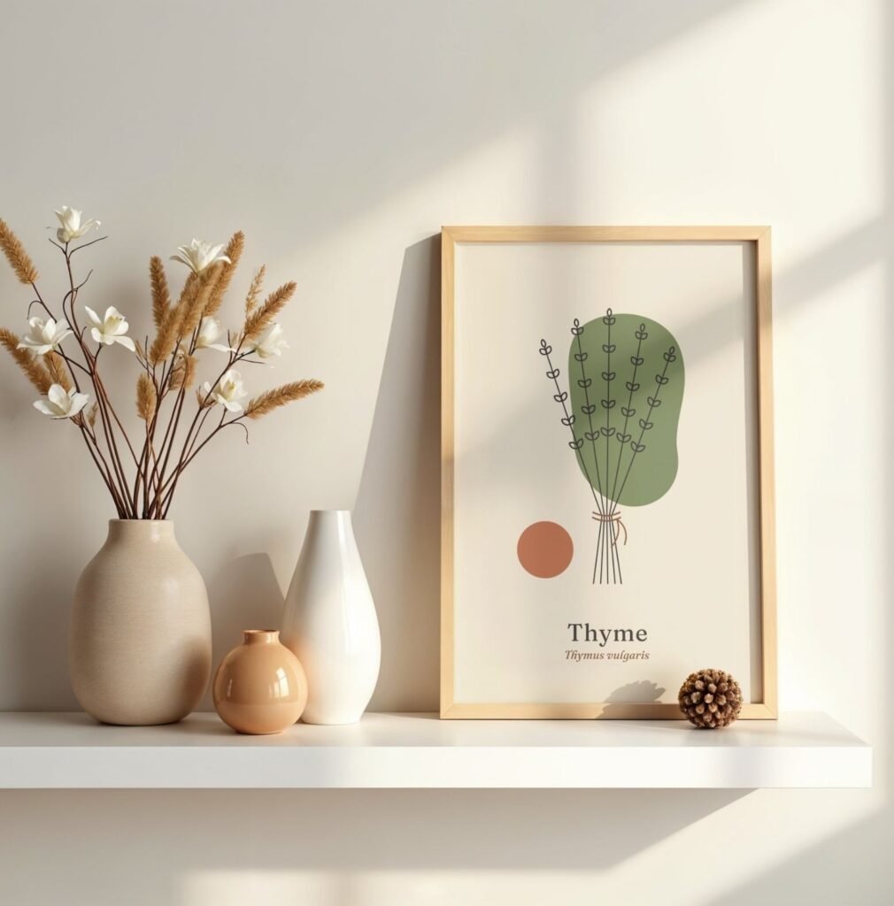 Thyme Herb Print, Olive Green Kitchen Wall Art, Botanical Line Art Poster, Gift for Cooks